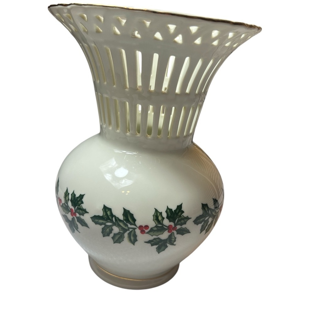 White Porcelain Holly Pattern Decorative Vase with Gold Trim